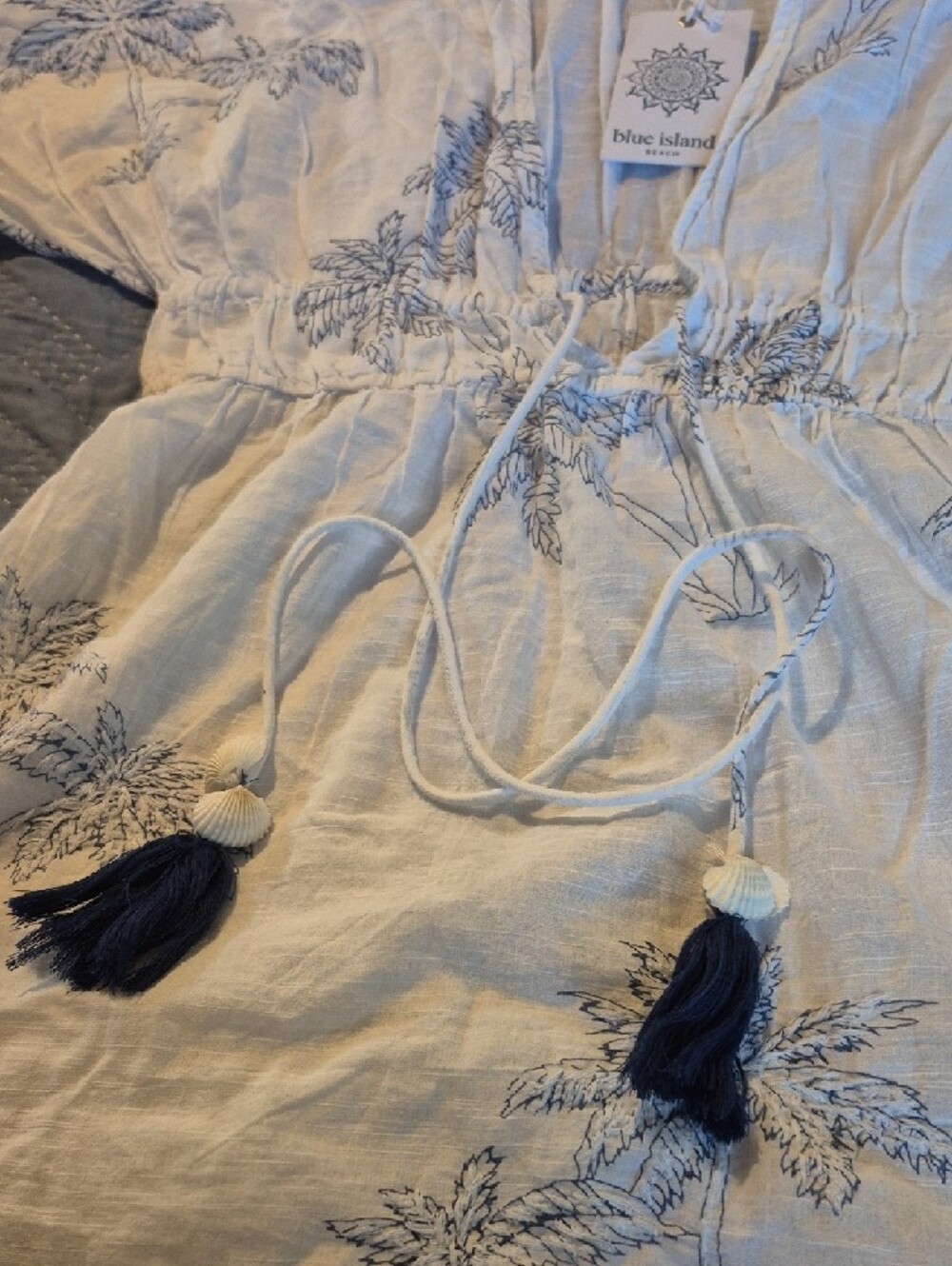 blue island Light Blue Shirt with Navy Palm Embroidery - Picture 3 of 5